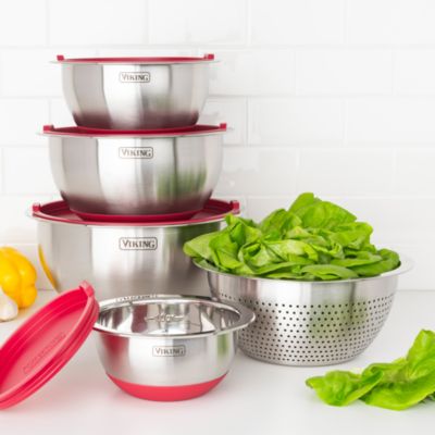 9 Pc Stainless Steel Bowl Set with Strainer, Red