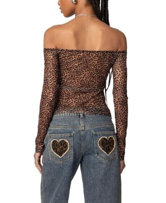 Leopard Sheer Mesh Off Shoulder Top
