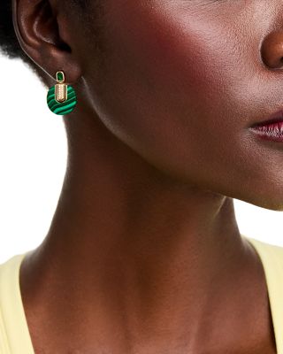 14K Yellow Gold Malachite Art Deco Drop Earrings with Diamonds, 0.08 tcw