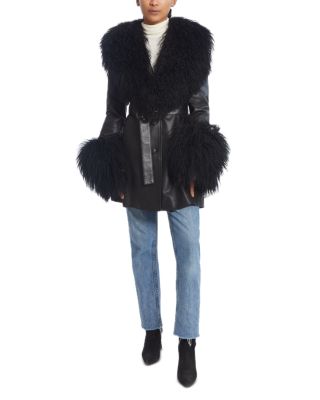 Leather Shearling Trim Belted Jacket