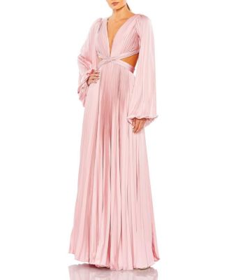 Long Sleeve Pleated Charmeuse Cut Out Gown