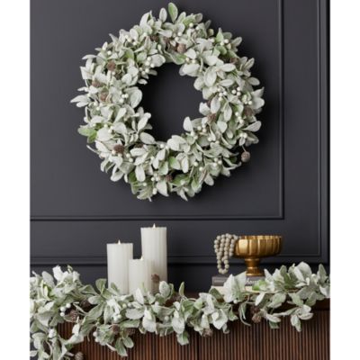 Snowy Lambs Ear & White Holly Berry Wreath & Garland, 24"