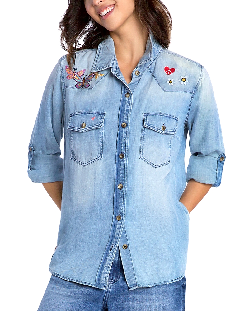 Billy T Butterfly Kiss Embroidered Denim Graphic Button-up Shirt In Denim