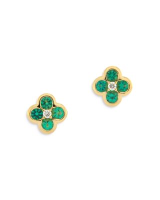 Emerald & Diamond Bezel Clover Stud Earrings in 14K Yellow Gold