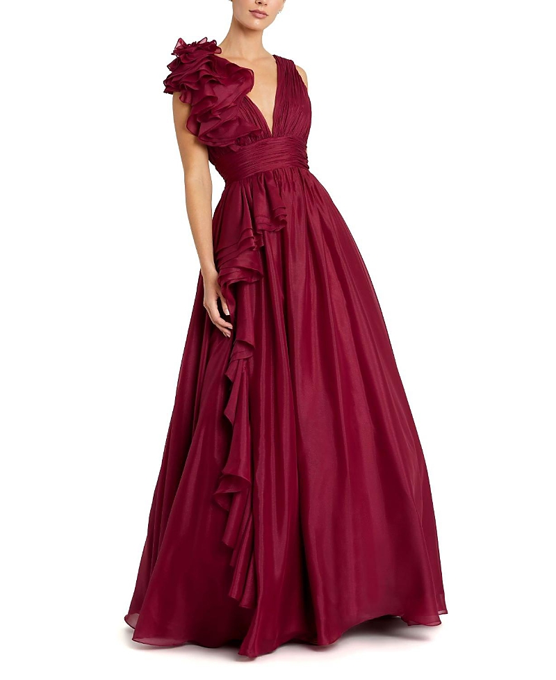 Mac Duggal Ruffle Shoulder V-neck Chiffon Gown In Wine