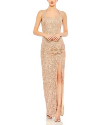 Sequined Halter Strap Low Side Knot Gown