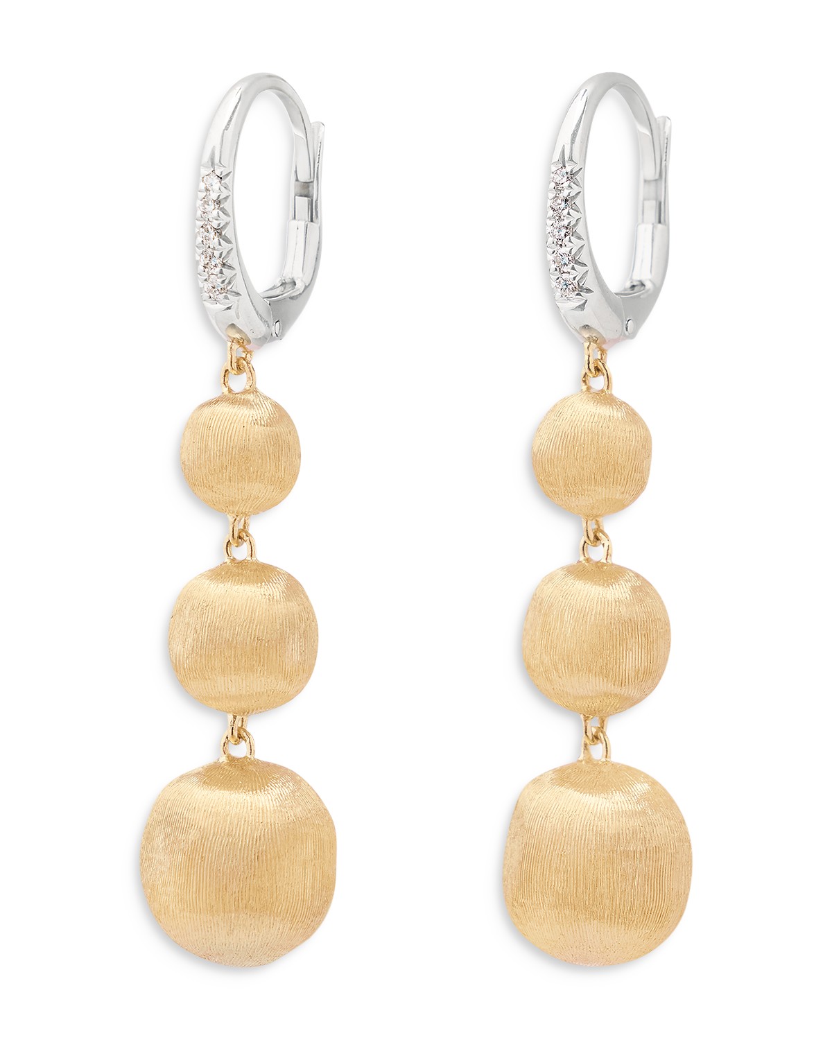 18K White & Yellow Gold Africa Diamond Textured Bead Triple Drop Earrings