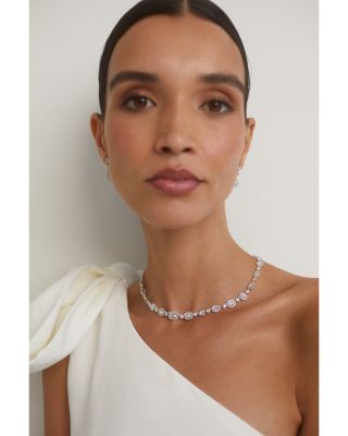Radiant Cubic Zirconia Halo Collar Necklace in Rhodium Plated, 16"
