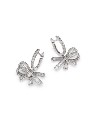 Diamond Round & Baguette Bow Drop Earrings in 14K White Gold, 1.00 tcw