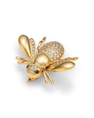 Black & White Diamond Bee Brooch in 14K Yellow Gold, 0.25 tcw