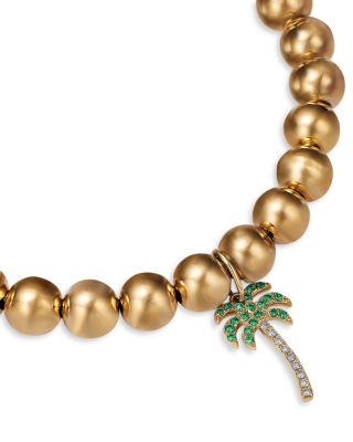 14K Yellow Gold Micro Pav&eacute; Diamond Palm Tree Charm Beaded Bracelet