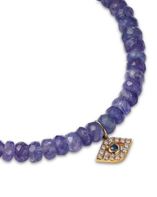 Large Bezel Evil Eye Charm Blue Tanzanite Beaded Bracelet with Diamonds & Sapphires