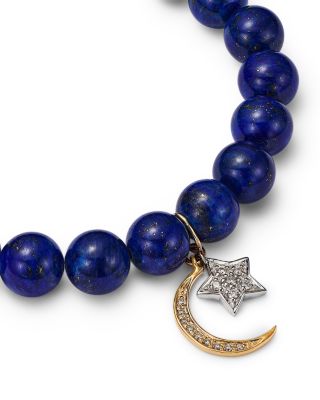 14K Yellow & White Gold Lapis Lazuli Beaded Diamond Celestial Charm Stretch Bracelet