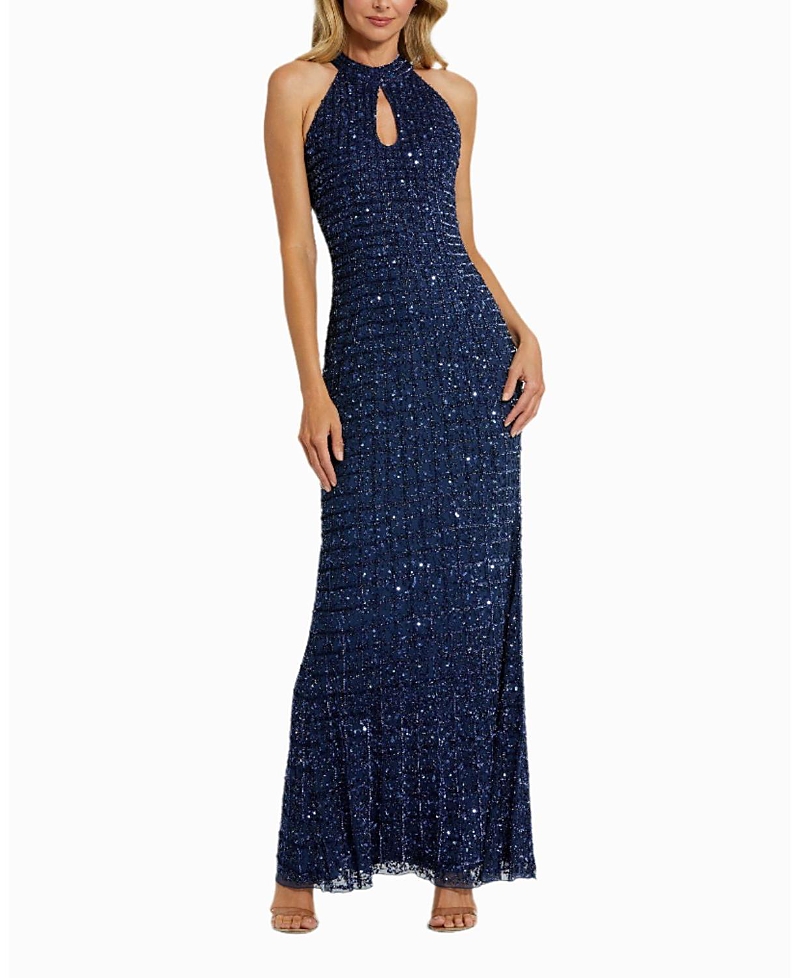 Mac Duggal Embellished Halter Neck Keyhole Gown In Midnight