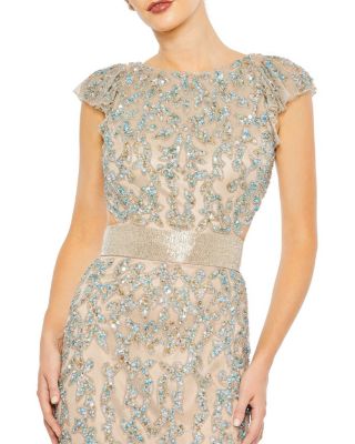 Embellished Cut Out Lace Up Cap Sleeve Gown