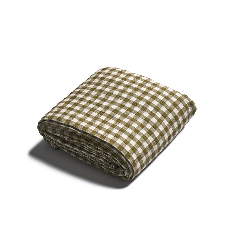 Piglet In Bed Gingham Linen Fitted Sheet In Botanical Green Gingham