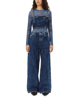 GANNI Crinkled Future Denim Marri Wide Leg Jeans in Mid Stone Blue