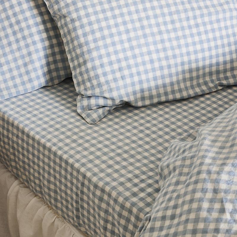 Piglet In Bed Gingham Linen Blend Fitted Sheet, Full In Warm Blue Gingham