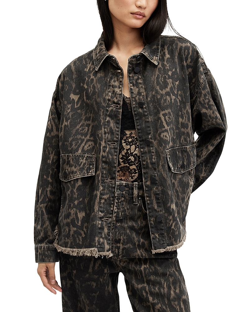 Allsaints Denim Leopard Hettie Overshirt In Jinx Golden Brown