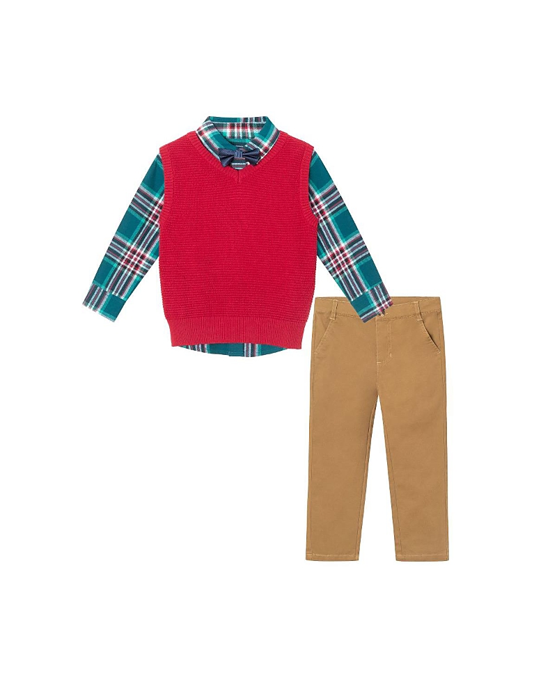 Andy & Evan Boys' Plaid Buttondown W/charcoal Sweater Vest & Bowtie - Little Kid, Big Kid In Red Plaid