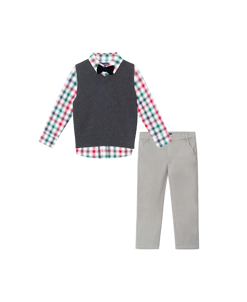 Andy & Evan Boys' Plaid Buttondown W/charcoal Sweater Vest & Bowtie - Little Kid, Big Kid In White Plaid