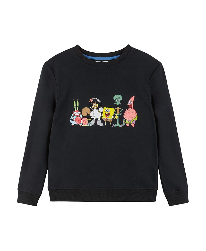 Andy & Evan Boys' Spongebob Squarepants X Stone-washed Screenprint Front & Back Printed Crew Sweater - Big Kid In Black