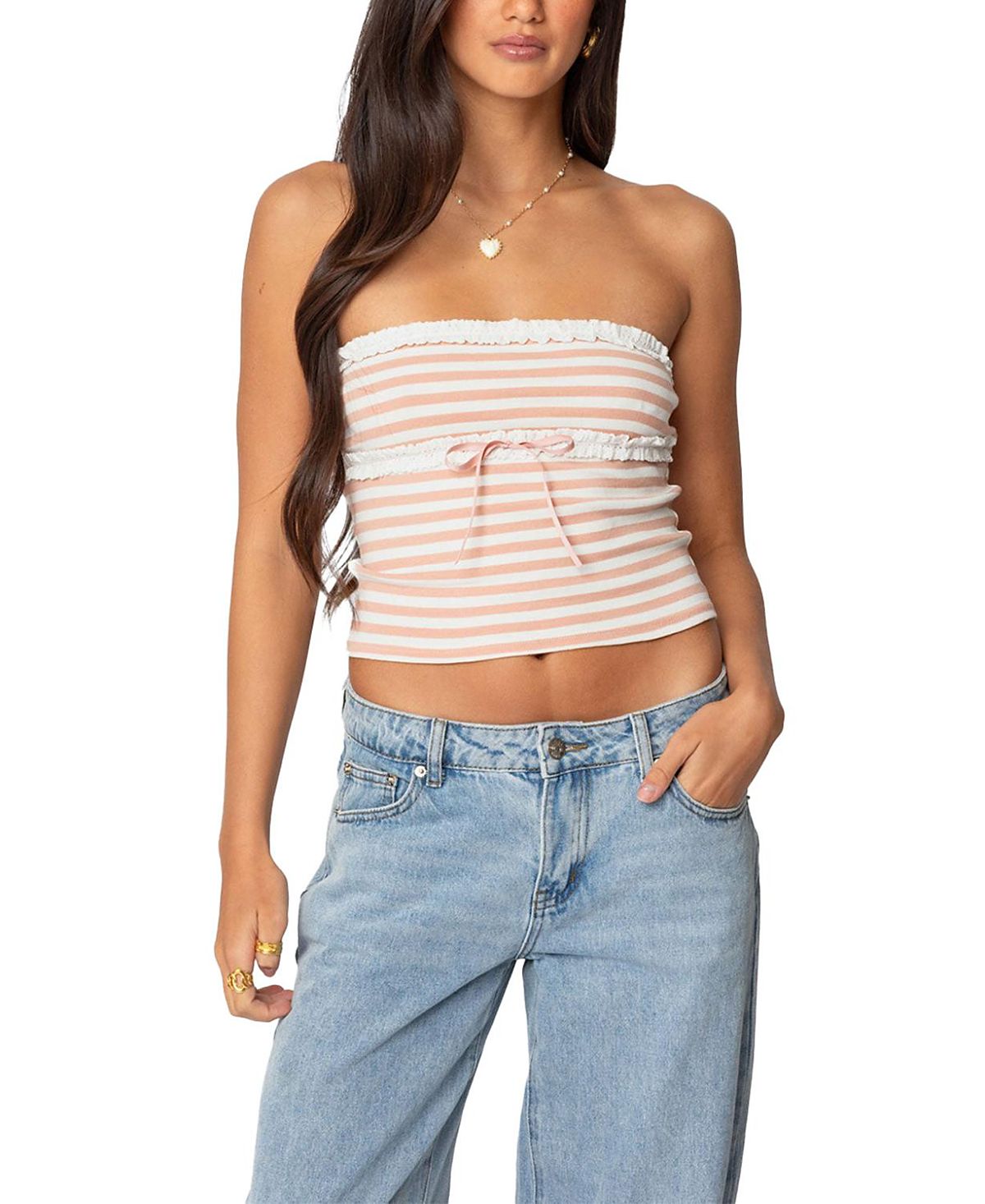 Edikted Striped Eyelet Trim Tube Top