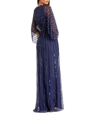 Beaded Striping Kimono Sleeve V Neck Gown