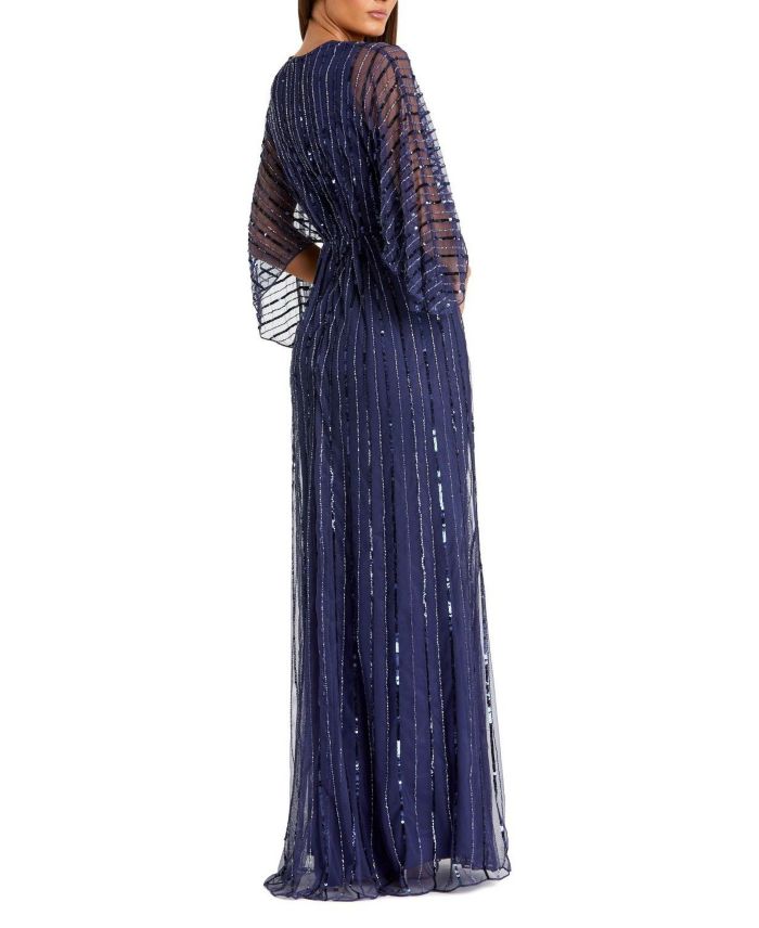 Beaded Striping Kimono Sleeve V Neck Gown