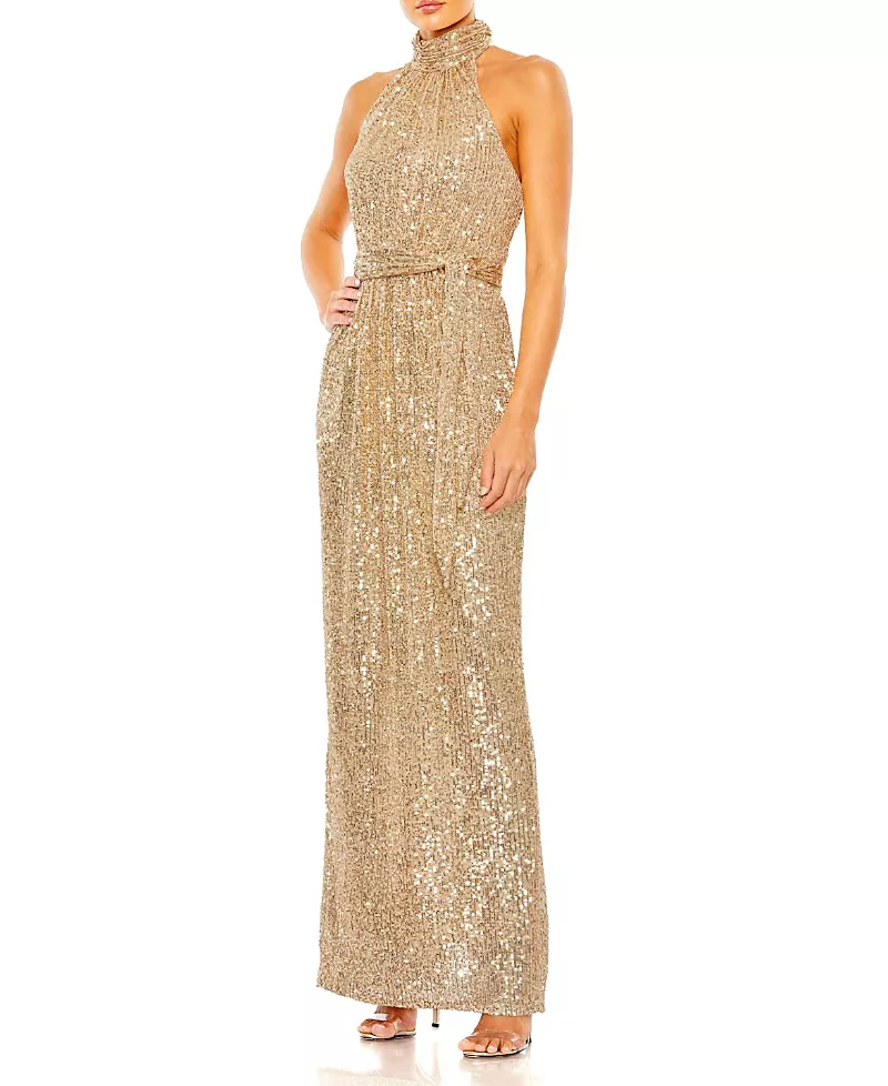 Mac Duggal Sequined Halter Neck Belted Soft Tie Dress