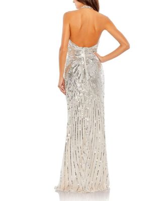Embellished Keyhole Halter Strap Draped Gown