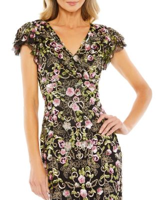 Floral Embellished Flutter Cap Sleeve Dress
