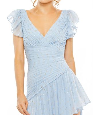 Asymmetrical Ruched Gown With Flutter Sleeves