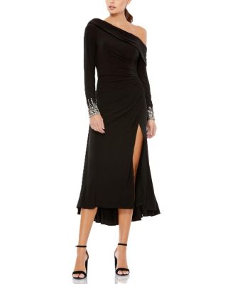 Mac Duggal - Foldover Long Sleeve Jeweled Midi Dress