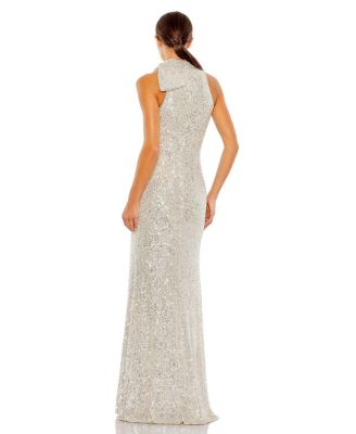 Sequined Soft Tie Halter Neck Column Gown