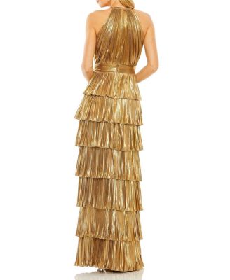 【Ieena for [MAC DUGGAL]】ハイネックラッフルメタリックガウン Mac Duggal High Neck Heat Pleated Tiered Ruffle Metallic