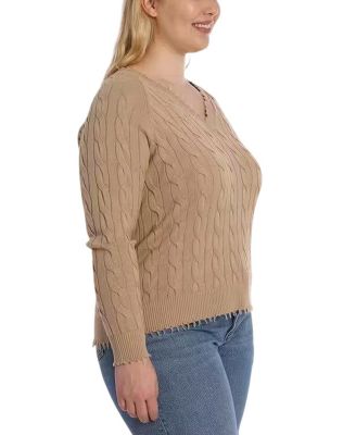  Plus Size Cotton Frayed Cable Cardigan