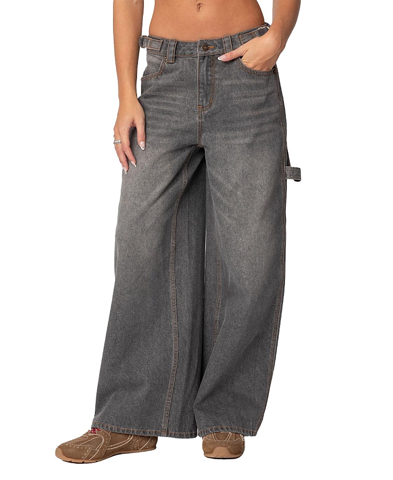 Edikted Baggy Washed Low Rise Carpenter Jeans In Gray Washed