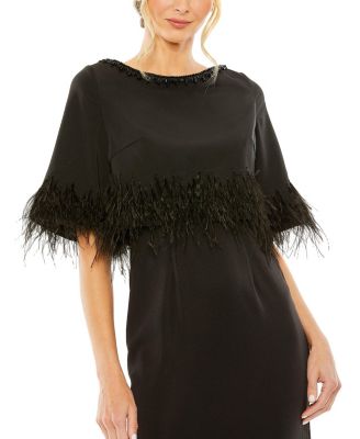  Quarter Sleeve Crystal Neck Feather Detail Dress