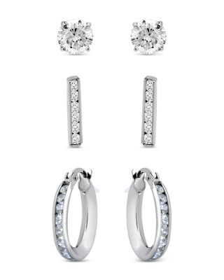 Aqua Cubic Zirconia Stud & Hoop Earrings in Gold Tone Sterling Silver, Set of 3 - Exclusive