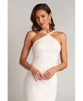 Sicily Pearl Trim Halter Gown