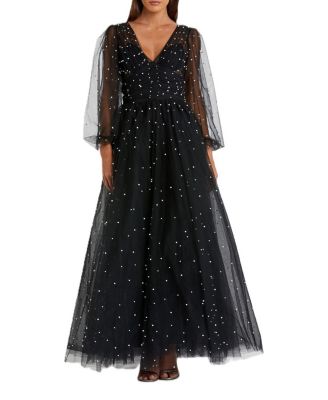 Mac Duggal Long Sheer Sleeve Draped Pearl Beaded Gown | Bloomingdale's