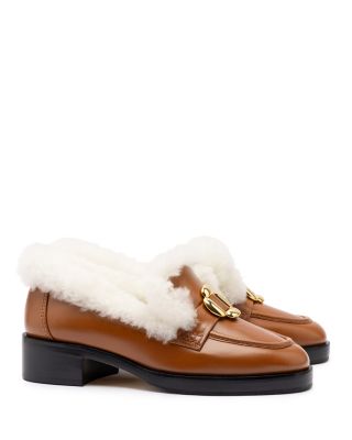 Larroudé - Women's Bobbie Shearling Trim Brown Block Heel Loafers