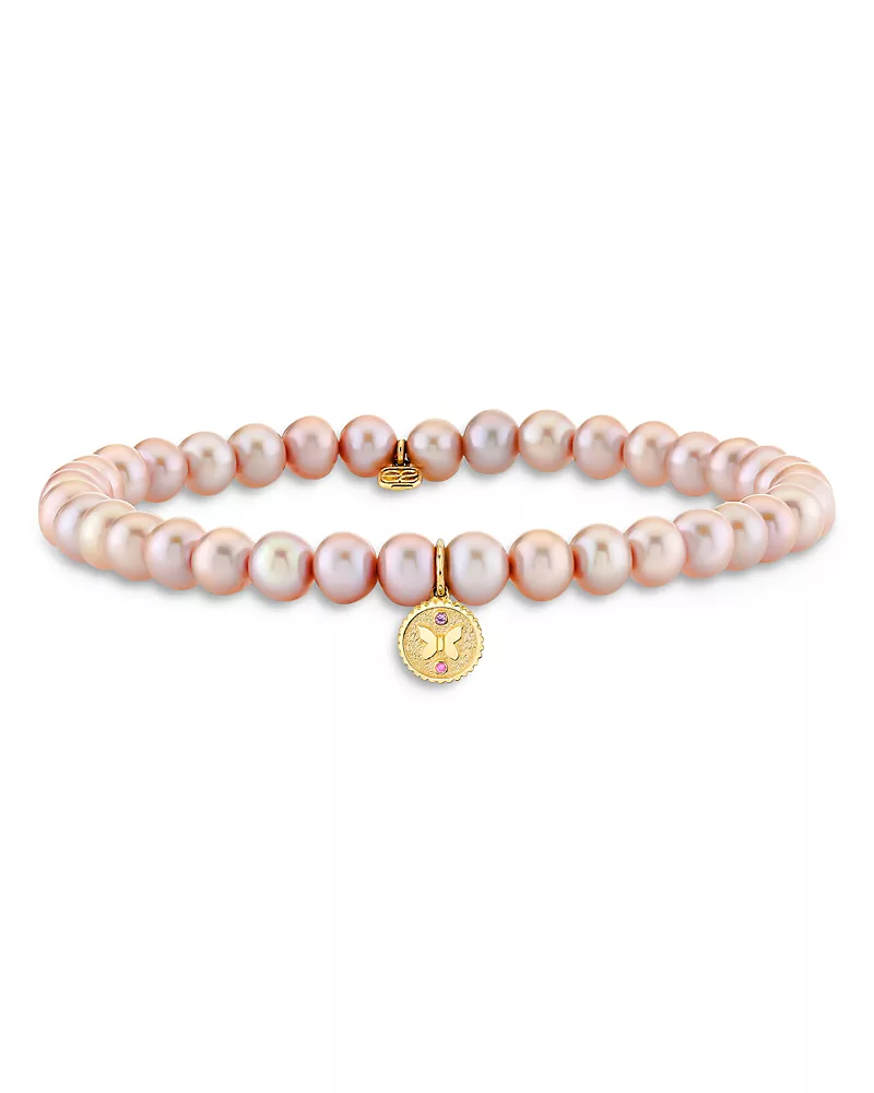 Sydney Evan Wicked x Sydney Evan 14K Yellow Gold Glinda Butterfly Charm Pink Freshwater Pearl Bracelet