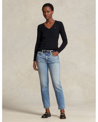 Women's Cable Knit Cotton V Neck Sweater