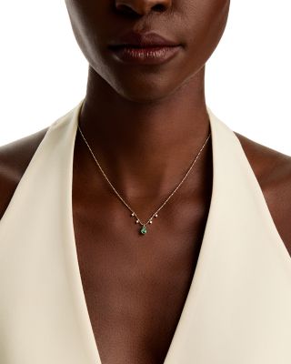 14K Yellow Gold Dangling Emerald & Diamond Necklace, 16"