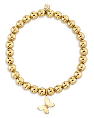 14K Yellow Gold Wicked Glinda Pink Sapphire Marquise Eye Butterfly Charm Beaded Bracelet