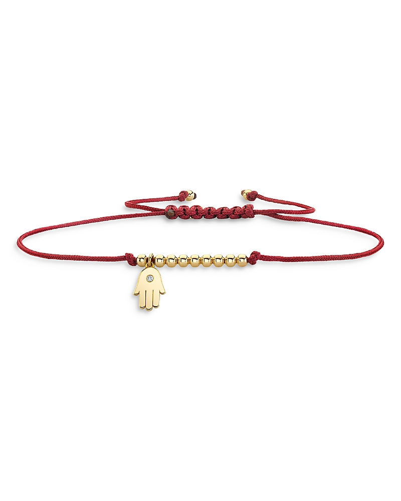 Sydney Evan 14k Yellow Gold Diamond Hamsa Charm Red Cord Bracelet In Gold/red