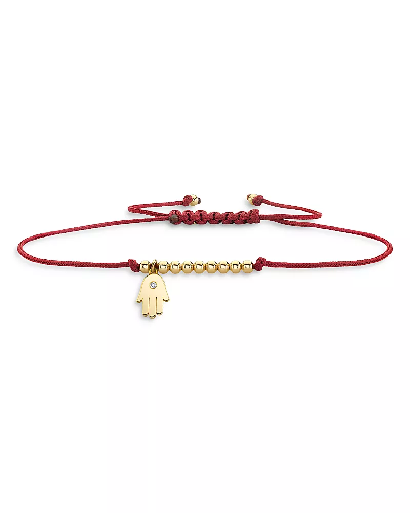 Sydney Evan 14K Yellow Gold Diamond Hamsa Charm Red Cord Bracelet