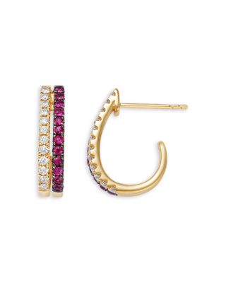 Ruby & Diamond Huggie Hoop Earrings in 14K Yellow Gold